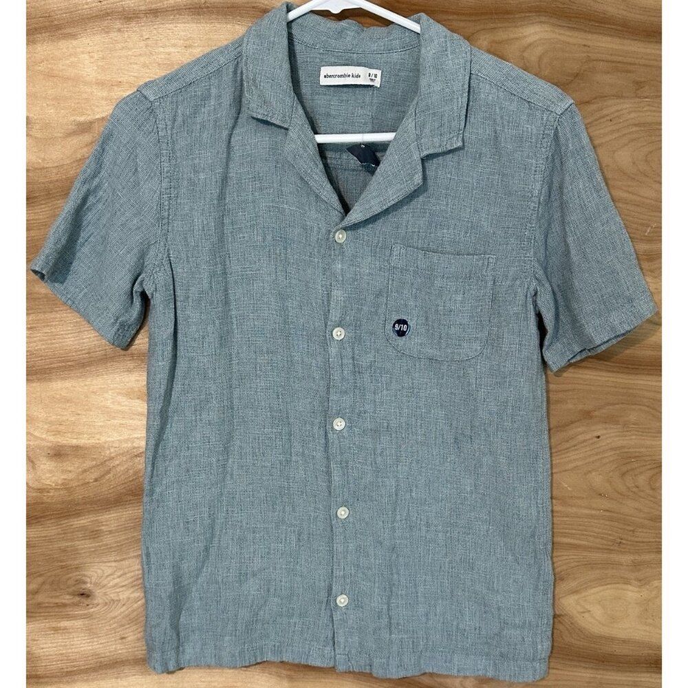 NWT Abercrombie Boys 9/10 short sleeve button up shirt in a green Linen blend